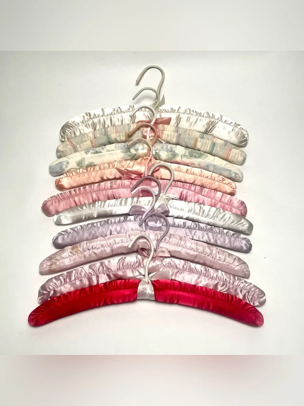 Vintage Padded Hangers Lot of 18 Satin and Crocheted Pastel Floral Ribbon Bows